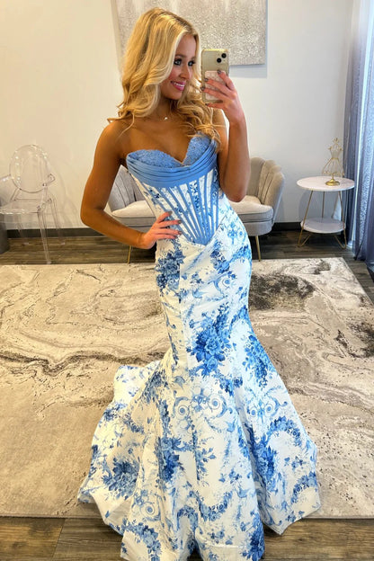 Charming Mermaid Sweetheart Blue Corset Prom Dress With Appliques AD550