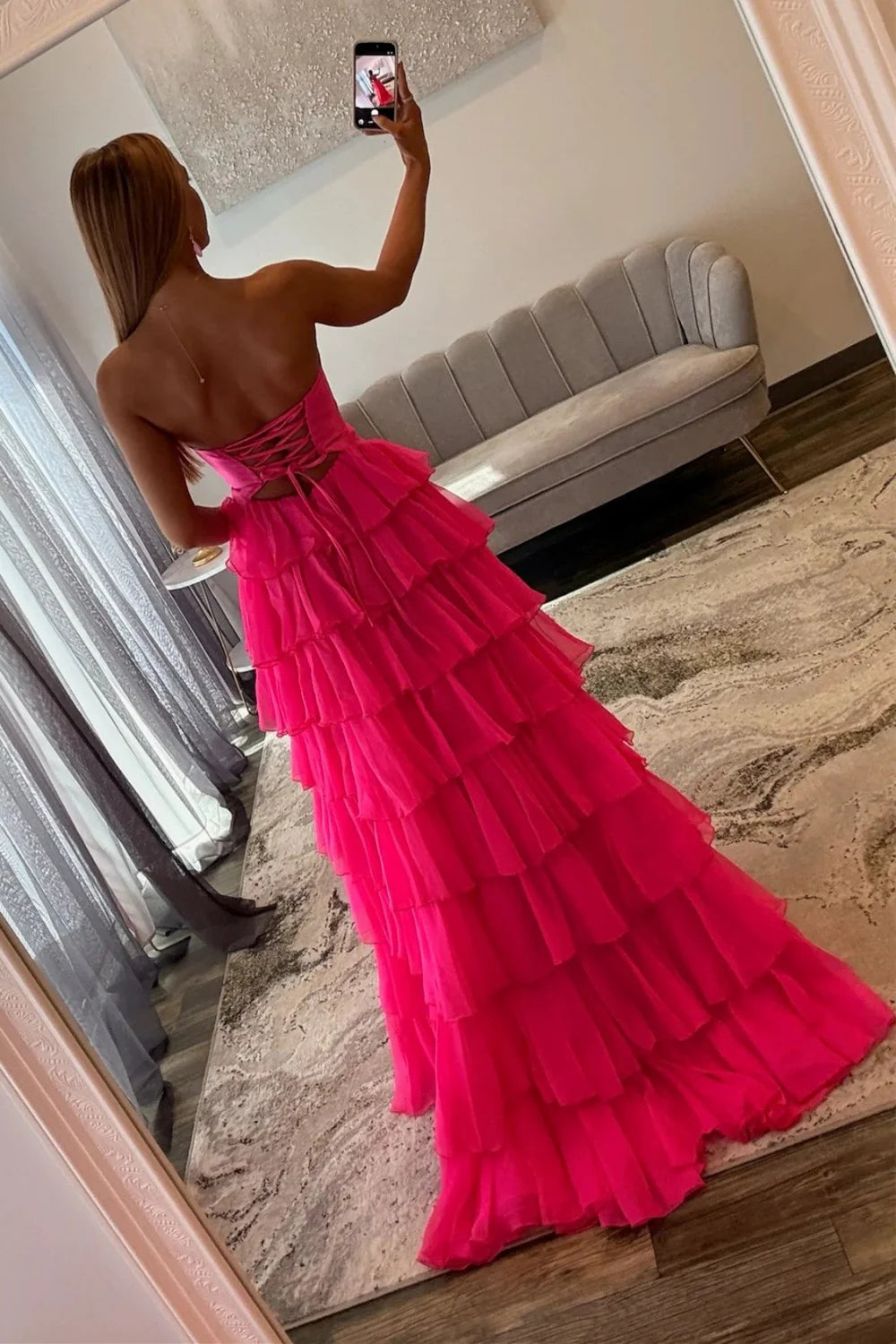 Trendy A Line Sweetheart Hot Pink Long Prom Dress With Ruffles Keyhole AD552