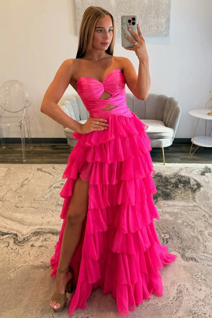 Trendy A Line Sweetheart Hot Pink Long Prom Dress With Ruffles Keyhole AD552