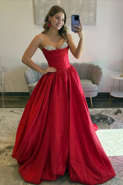 Princess A Line Sweetheart Red Corset Prom Dress With Beading AD553