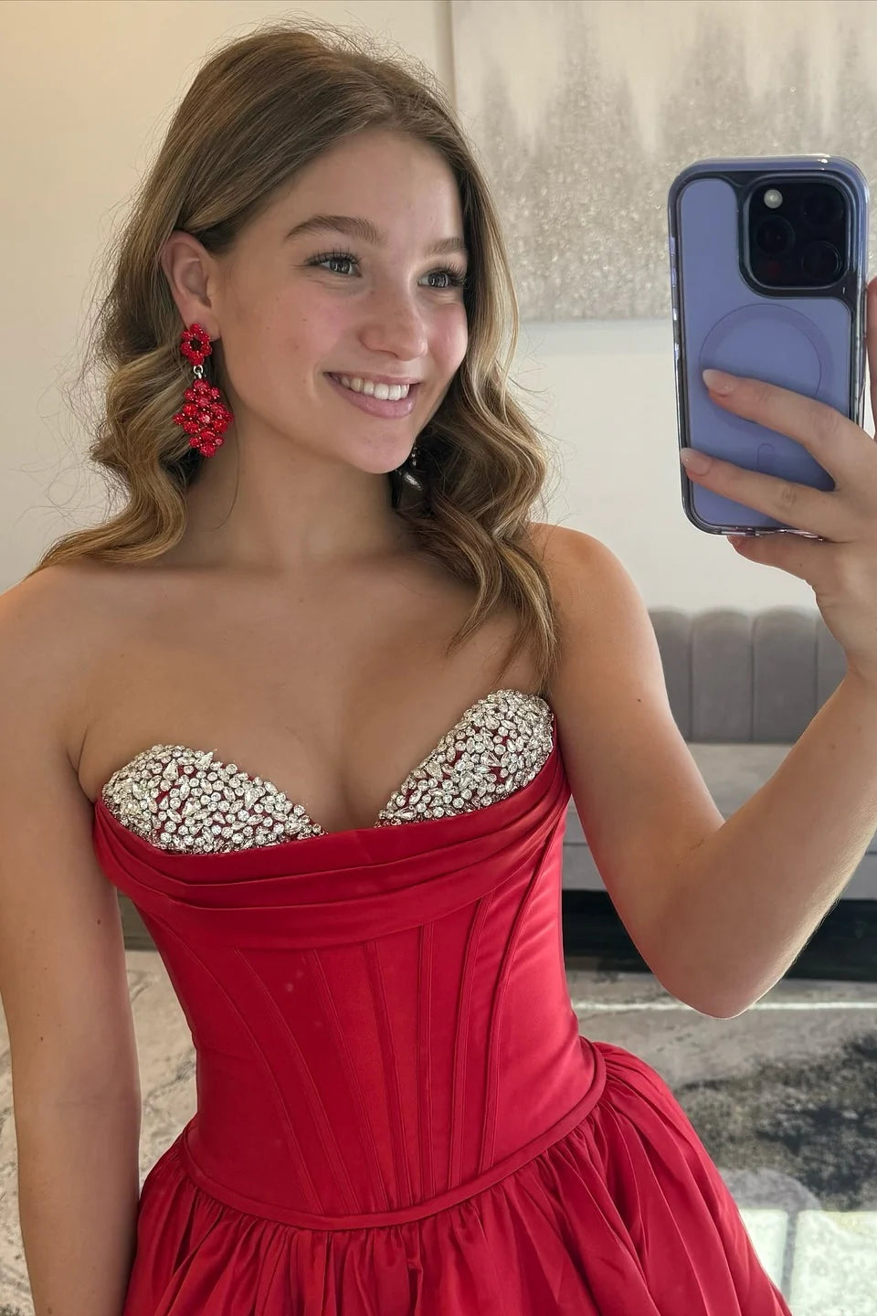 Princess A Line Sweetheart Red Corset Prom Dress With Beading AD553