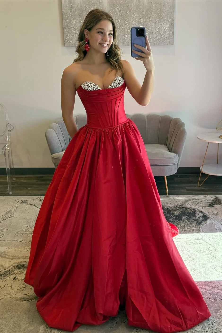 Princess A Line Sweetheart Red Corset Prom Dress With Beading AD553