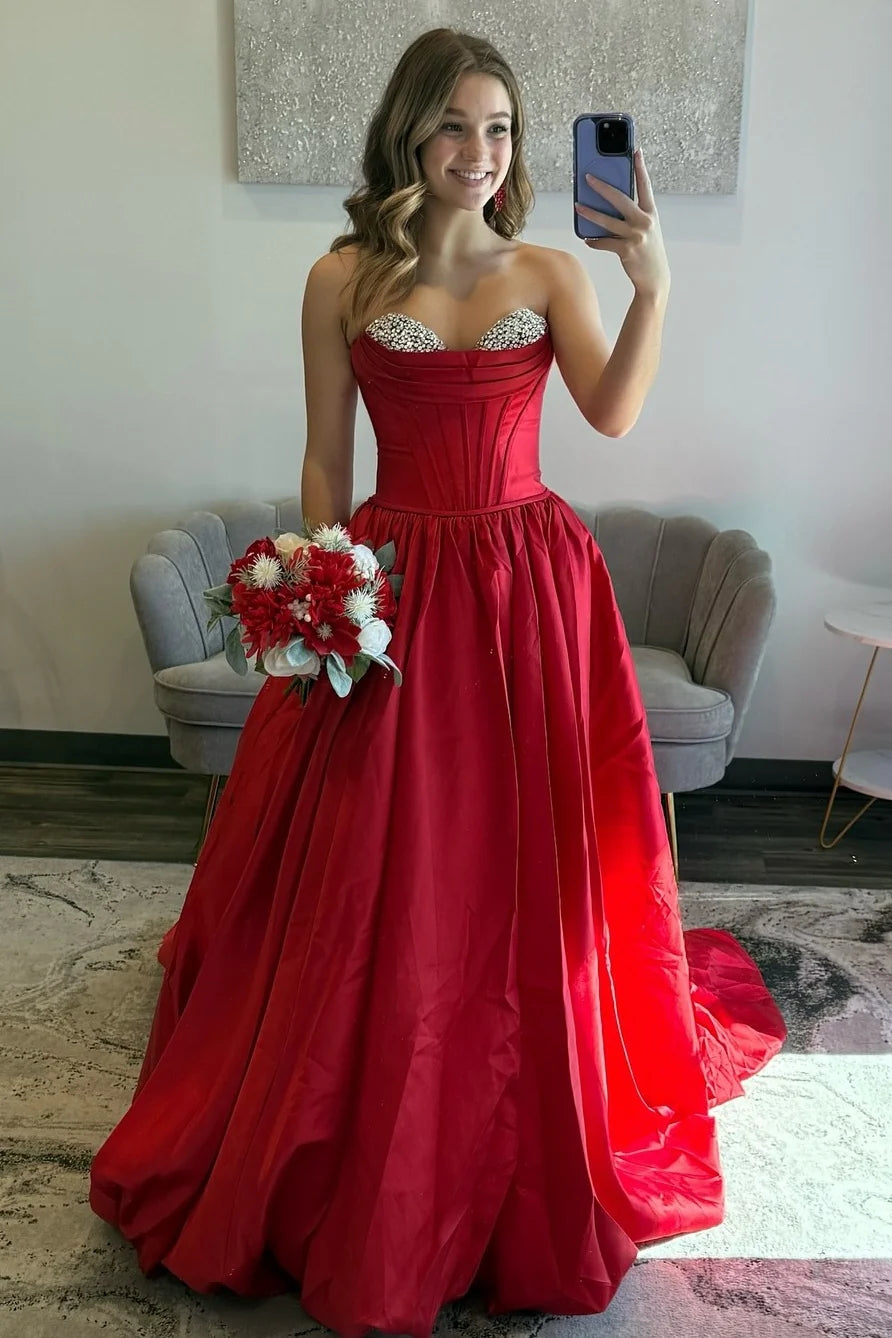 Princess A Line Sweetheart Red Corset Prom Dress With Beading AD553