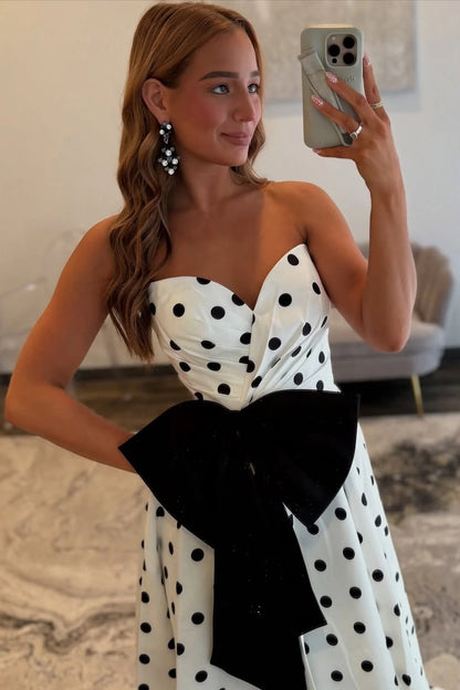 Classic A Line Sweetheart White Polka Dots Long Prom Dress With Bowknot AD557