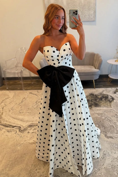 Classic A Line Sweetheart White Polka Dots Long Prom Dress With Bowknot AD557