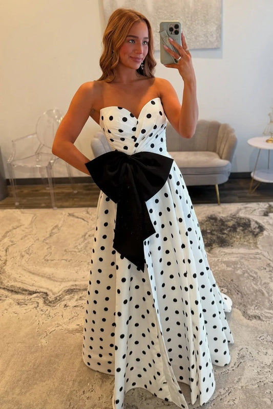 Classic A Line Sweetheart White Polka Dots Long Prom Dress With Bowknot AD557