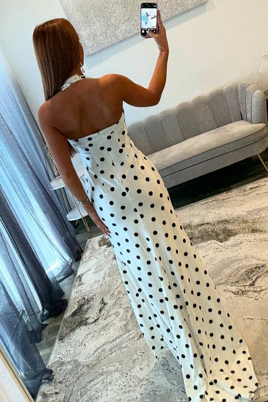 Trendy Mermaid Halter Neck White Polka Dots Long Prom Dress With Split Front AD558