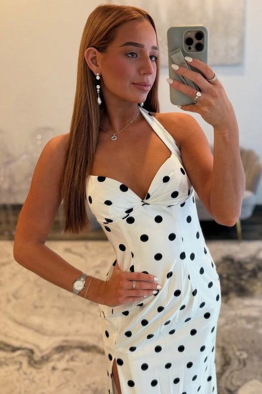Trendy Mermaid Halter Neck White Polka Dots Long Prom Dress With Split Front AD558