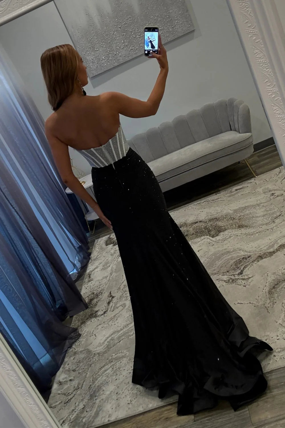 Sparkly Mermaid Sweetheart Black Corset Prom Dress With Split Front Beading AD559