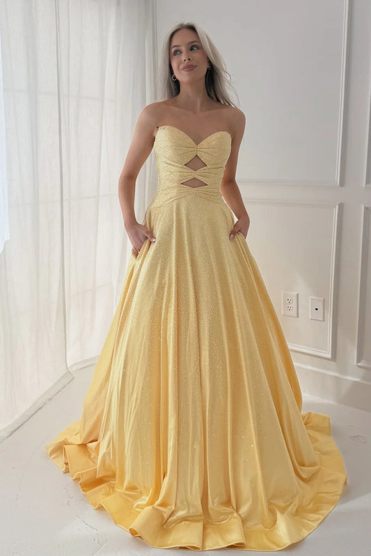 Sparkly A Line Sweetheart Yellow Long Prom Dress With Beading Keyhole AD561