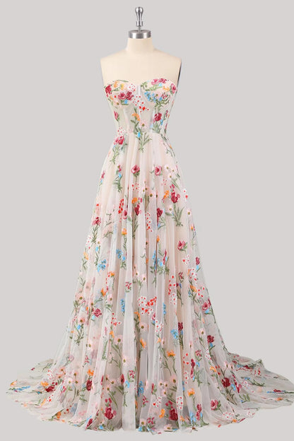 Gorgeous A Line Sweetheart White Long Prom Dress With Embroidery AD563
