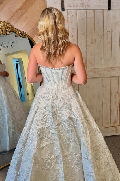 Elegant A Line Strapless White Corset Prom Dress With Embroidery AD564