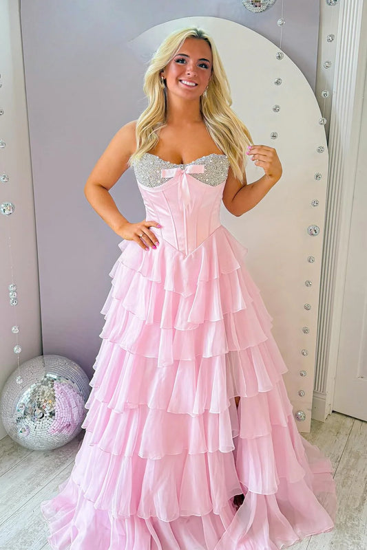 Cute A Line Sweetheart Pink Corset Prom Dress With Beading Ruffles AD565