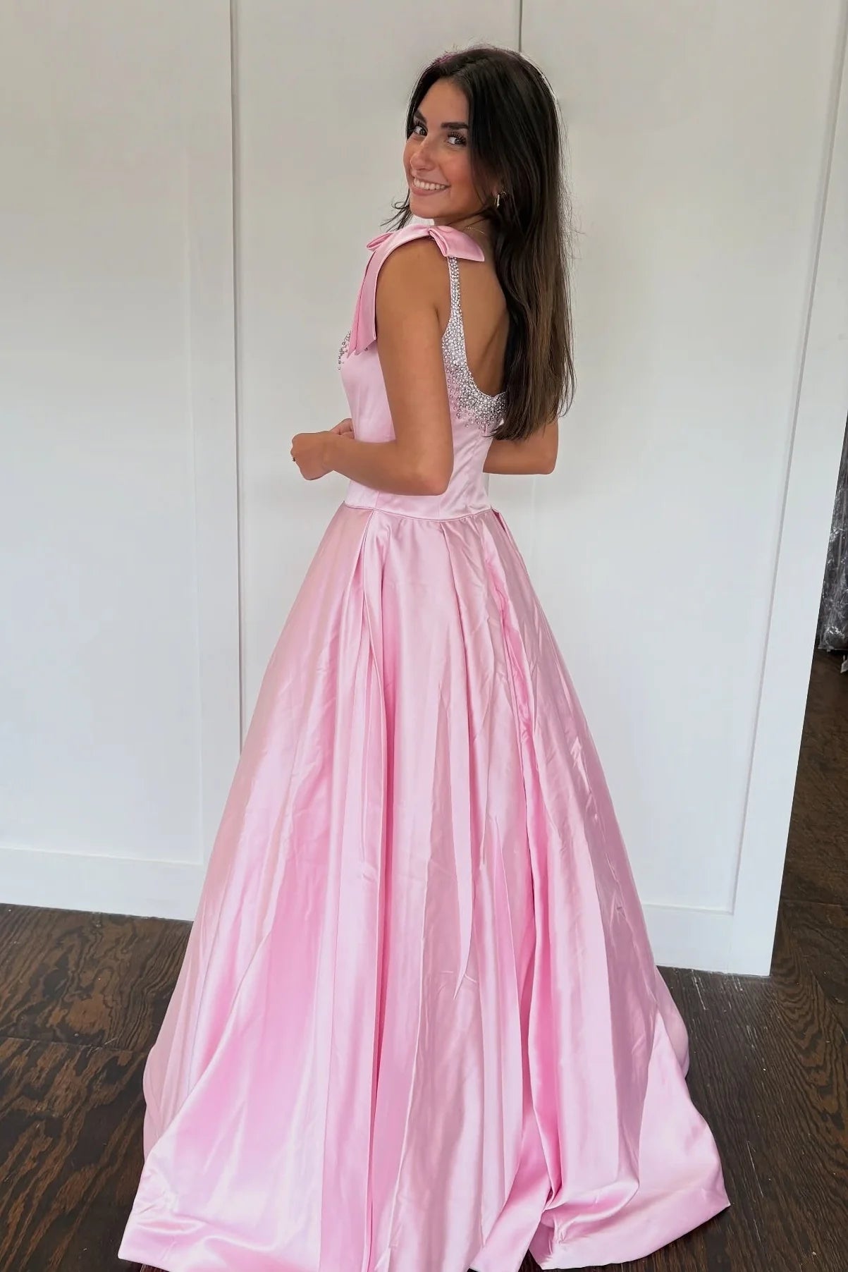 Pretty A Line Spaghetti Straps Pink Long Prom Dress With Beading Bowknot AD566