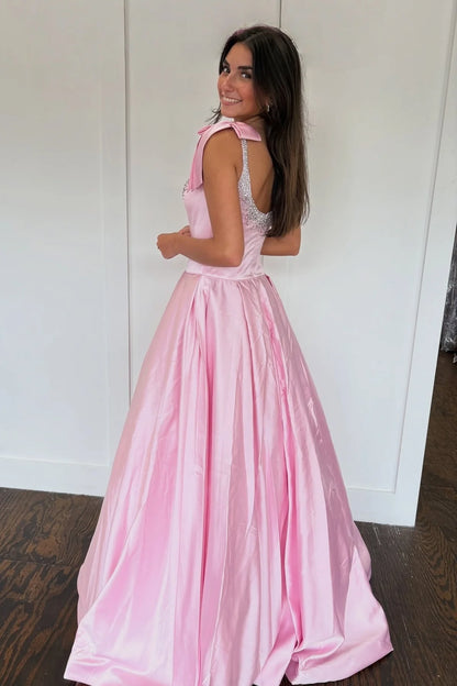 Pretty A Line Spaghetti Straps Pink Long Prom Dress With Beading Bowknot AD566