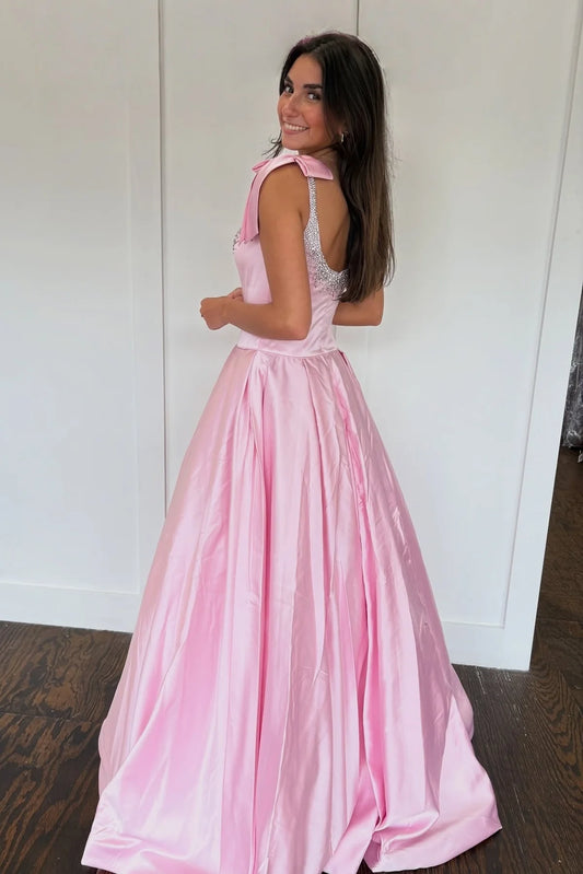 Pretty A Line Spaghetti Straps Pink Long Prom Dress With Beading Bowknot AD566