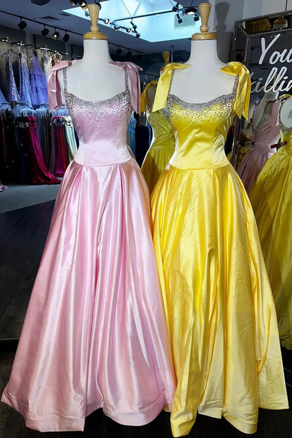 Pretty A Line Spaghetti Straps Pink Long Prom Dress With Beading Bowknot AD566