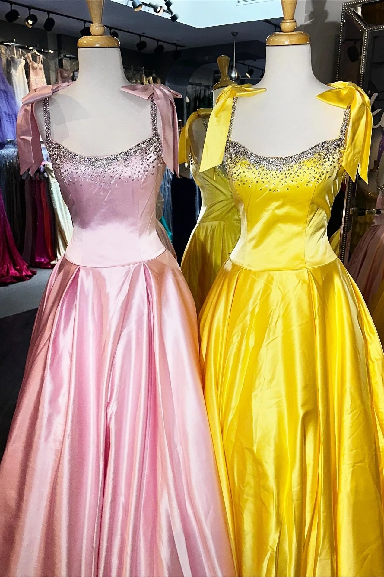 Pretty A Line Spaghetti Straps Pink Long Prom Dress With Beading Bowknot AD566