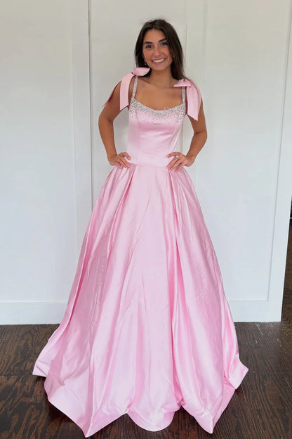 Pretty A Line Spaghetti Straps Pink Long Prom Dress With Beading Bowknot AD566