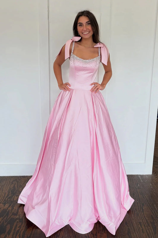Pretty A Line Spaghetti Straps Pink Long Prom Dress With Beading Bowknot AD566