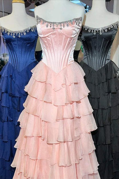 Fashionable A Line Strapless Hot Pink Corset Prom Dress With Beading Ruffles AD567