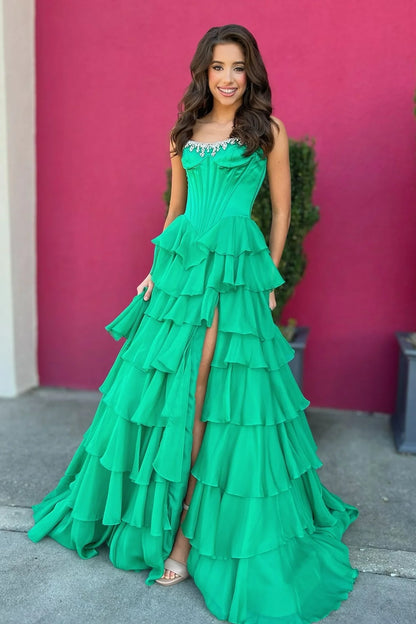 Fashionable A Line Strapless Hot Pink Corset Prom Dress With Beading Ruffles AD567