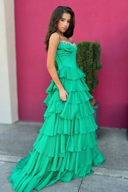 Fashionable A Line Strapless Hot Pink Corset Prom Dress With Beading Ruffles AD567