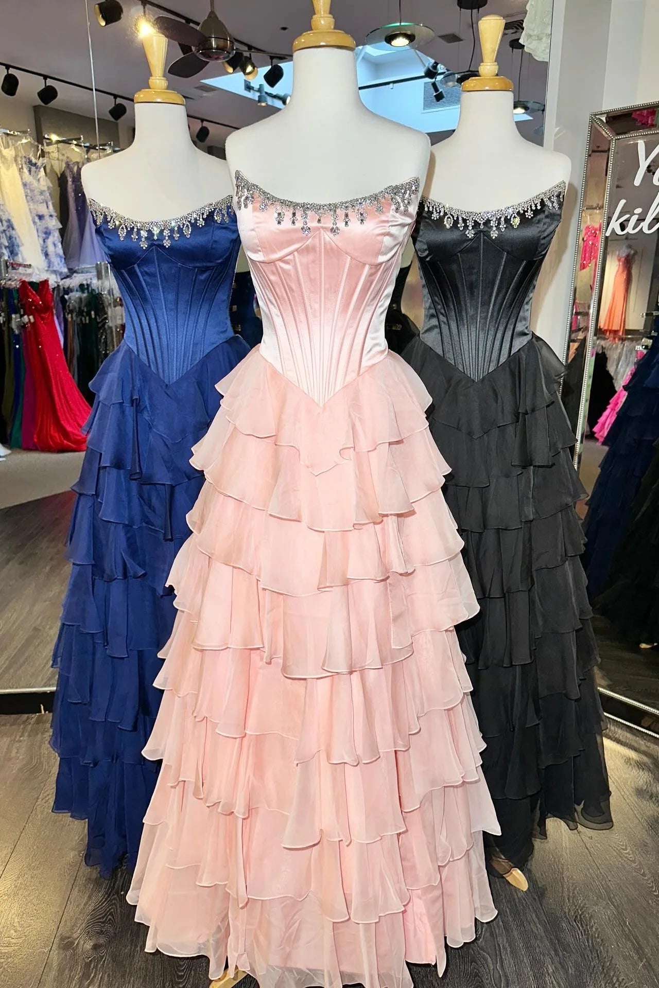 Fashionable A Line Strapless Hot Pink Corset Prom Dress With Beading Ruffles AD567