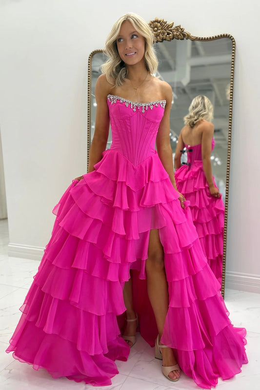 Fashionable A Line Strapless Hot Pink Corset Prom Dress With Beading Ruffles AD567