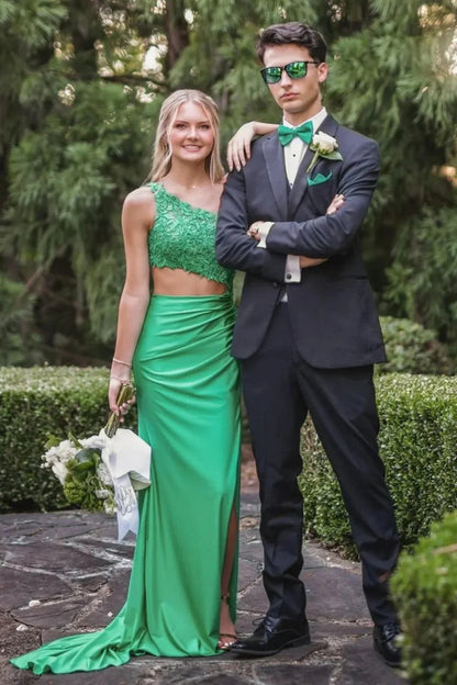 Stylish Mermaid One Shoulder Green Long Prom Dress With Appliques AD568