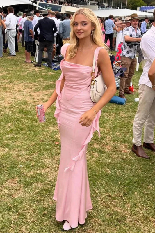 Cute Mermaid Square Neck Pink Long Prom Dress With Ruffles Backless AD569