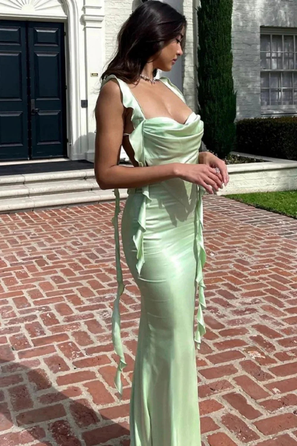 Cute Mermaid Square Neck Pink Long Prom Dress With Ruffles Backless AD569