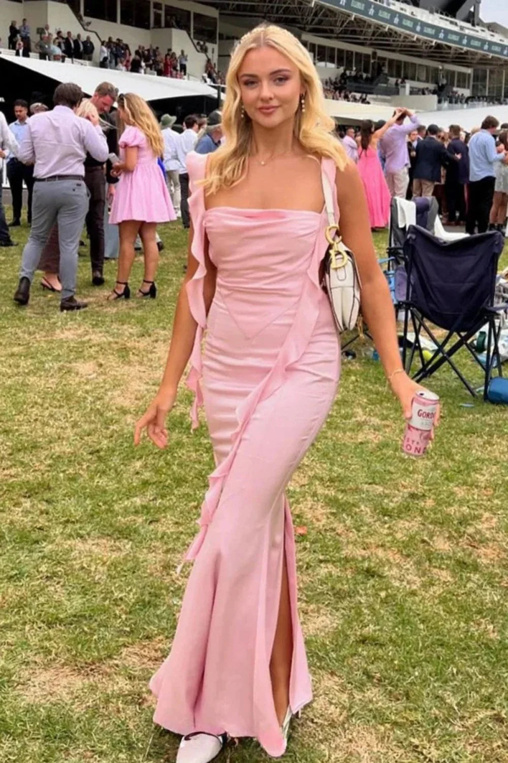 Cute Mermaid Square Neck Pink Long Prom Dress With Ruffles Backless AD569