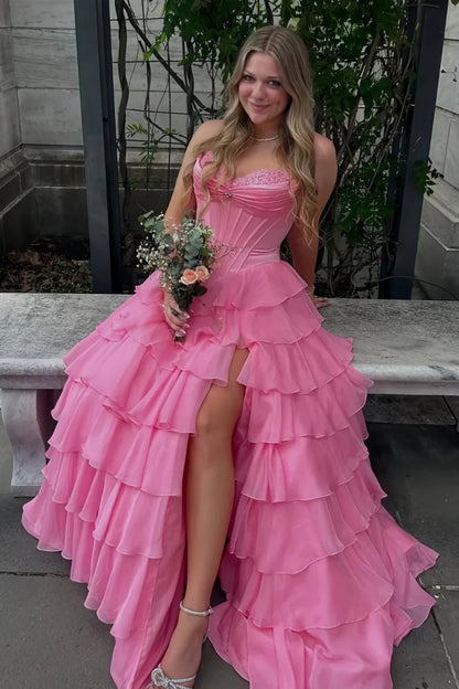 Princess A Line Sweetheart Red/Pink Corset Prom Dress With Ruffles AD570