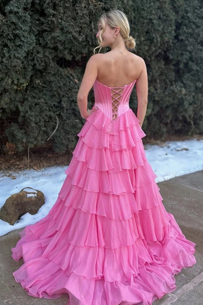 Princess A Line Sweetheart Red/Pink Corset Prom Dress With Ruffles AD570
