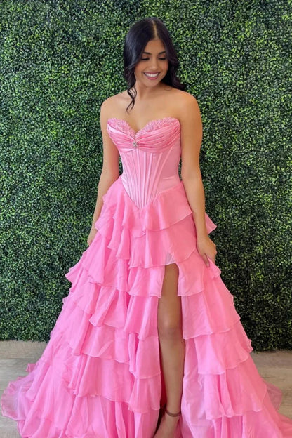 Princess A Line Sweetheart Red/Pink Corset Prom Dress With Ruffles AD570