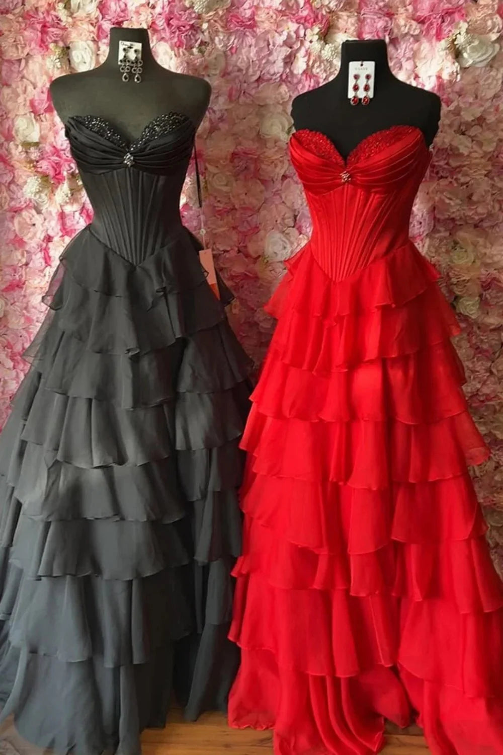 Princess A Line Sweetheart Red/Pink Corset Prom Dress With Ruffles AD570