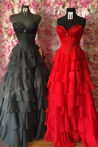Princess A Line Sweetheart Red/Pink Corset Prom Dress With Ruffles AD570