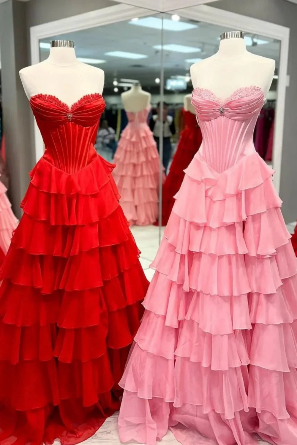 Princess A Line Sweetheart Red/Pink Corset Prom Dress With Ruffles AD570