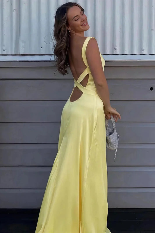 Trendy Mermaid V Neck Yellow Long Prom Dress With Criss Cross Back AD571