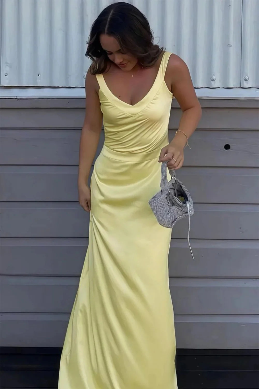 Trendy Mermaid V Neck Yellow Long Prom Dress With Criss Cross Back AD571
