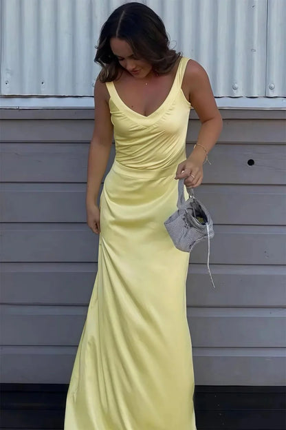 Trendy Mermaid V Neck Yellow Long Prom Dress With Criss Cross Back AD571