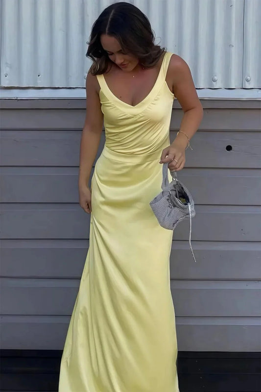 Trendy Mermaid V Neck Yellow Long Prom Dress With Criss Cross Back AD571