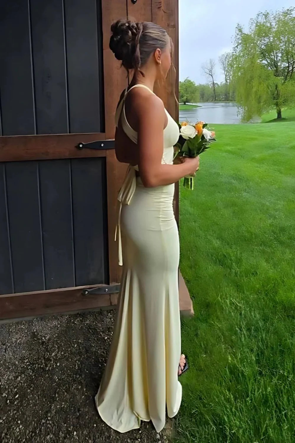 Simple Mermaid V Neck Yellow Long Prom Dress With Open Back AD572