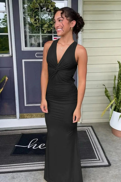 Simple Mermaid V Neck Yellow Long Prom Dress With Open Back AD572