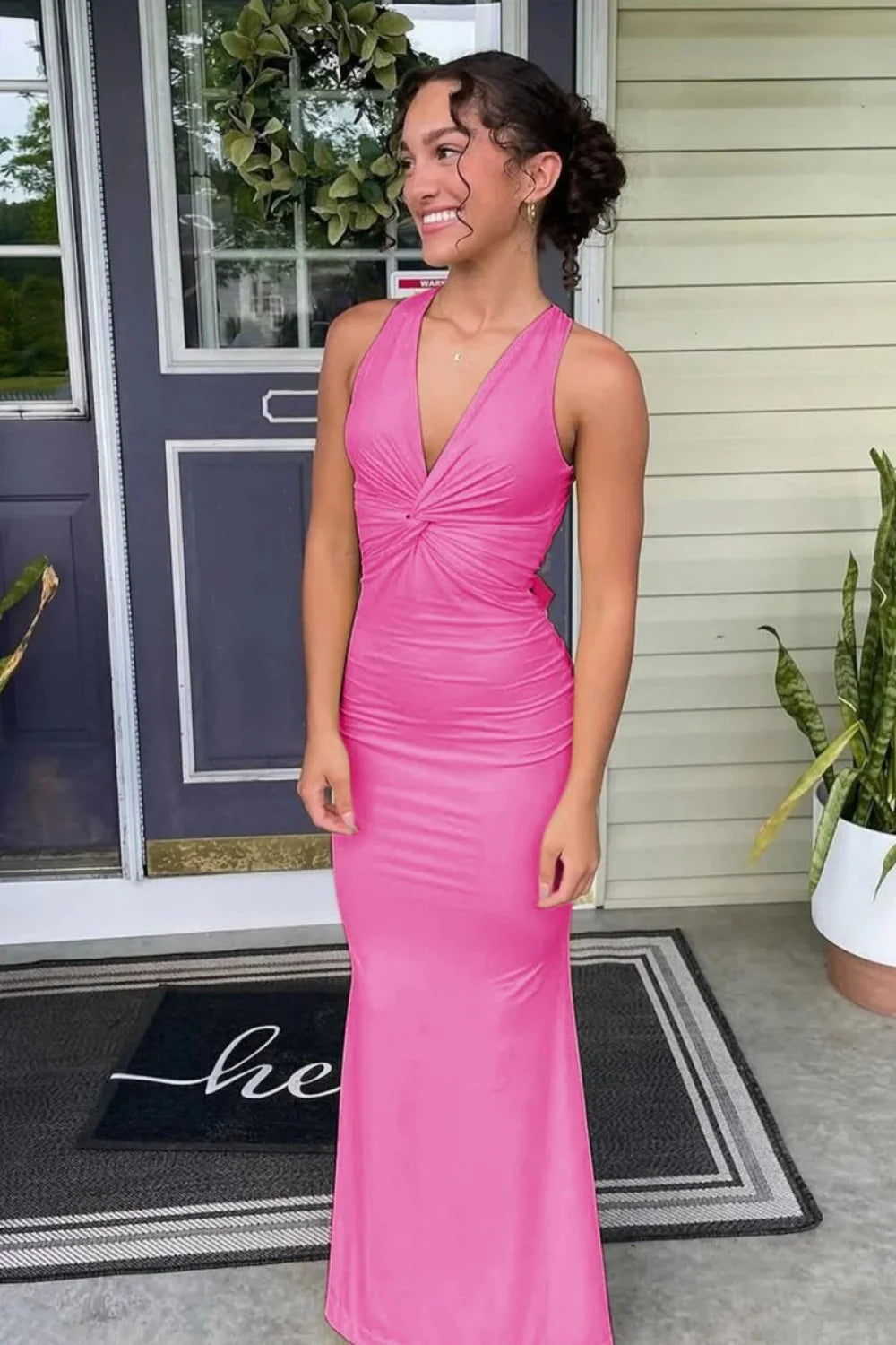 Simple Mermaid V Neck Yellow Long Prom Dress With Open Back AD572