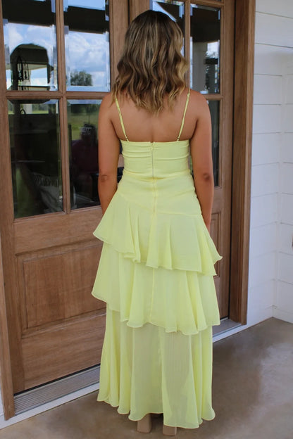 Sweety A Line Spaghetti Straps Yellow Long Prom Dress With Ruffles AD574