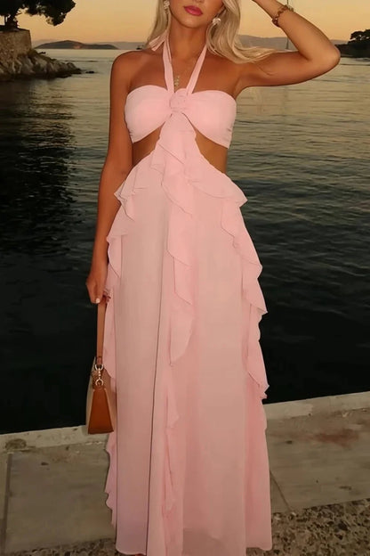 Sweety A Line Halter Neck Pink Long Prom Dress With Keyhole Ruffles AD577