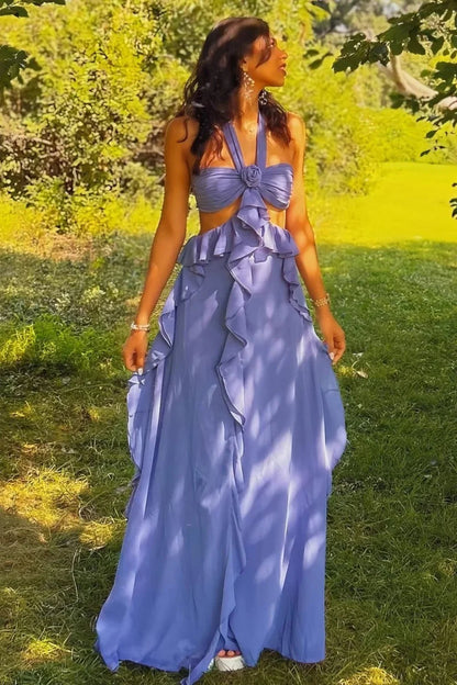Sweety A Line Halter Neck Pink Long Prom Dress With Keyhole Ruffles AD577