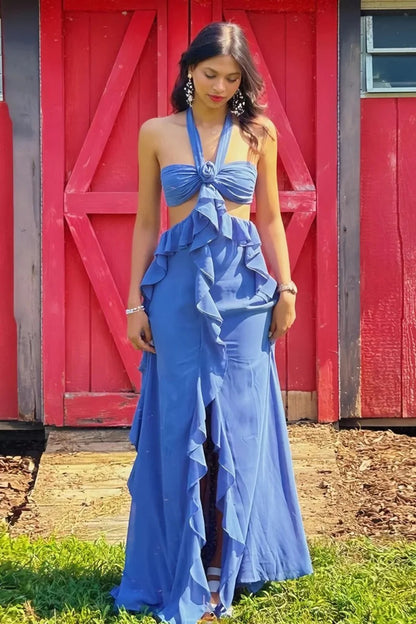 Sweety A Line Halter Neck Pink Long Prom Dress With Keyhole Ruffles AD577